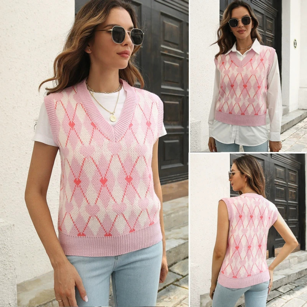 ZARA Womens Heart Jacquard Diamond Pattern Knit Vest Sweater Autumn Winter